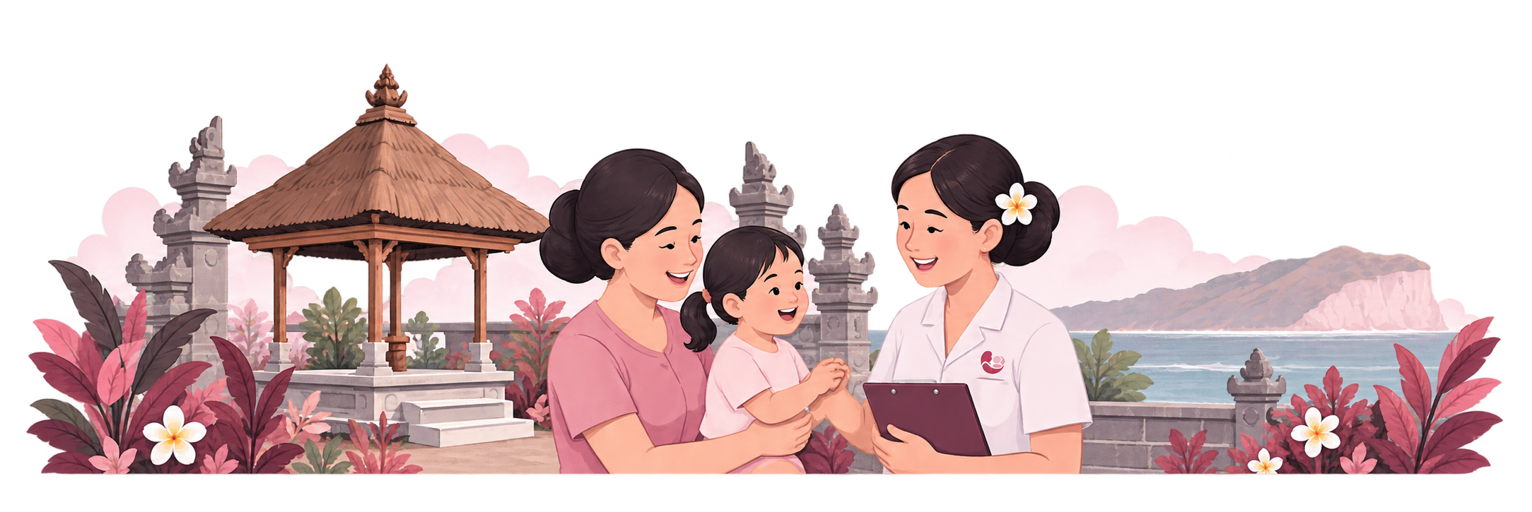 Ilustrasi ibu dan anak bersama petugas Posyandu di lingkungan Desa Ungasan