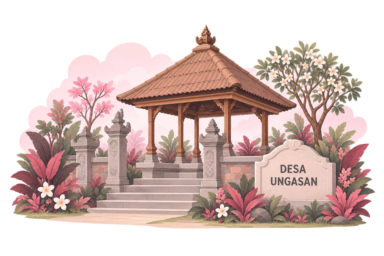 Ilustrasi balai pelayanan dengan arsitektur Bali dan penanda Desa Ungasan